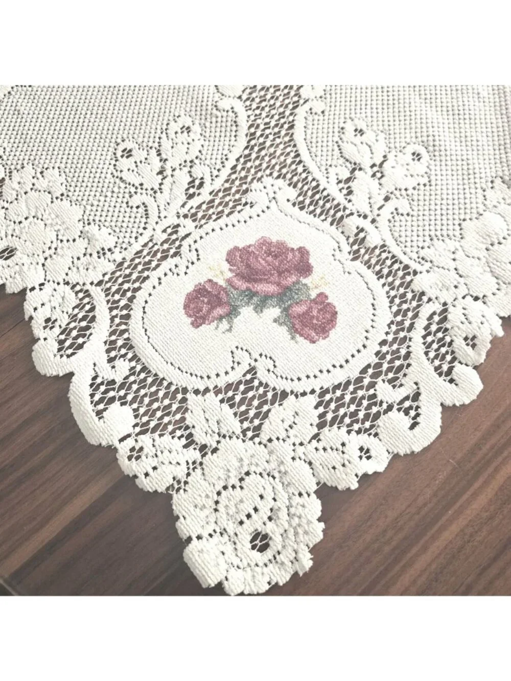 Crochet Lace Table Topper Ivory Rose Pattern Cotton Blend Square Cottagecore - Picture 4 of 9